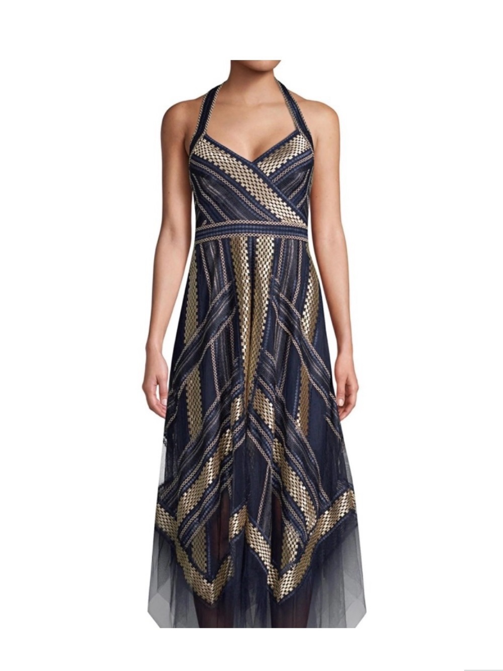 BCBG MaxAzria Navy and Gold Halter Midi Dress size 4 small